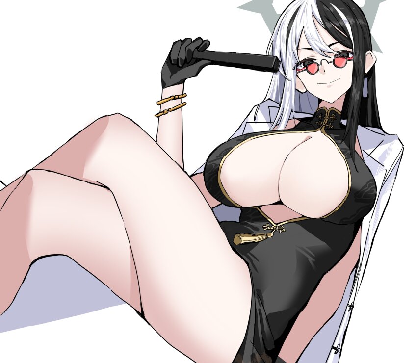 1girl, absurdres, black_dress, blue_archive, china_dress, chinese_clothes, coat, coat_on_shoulders