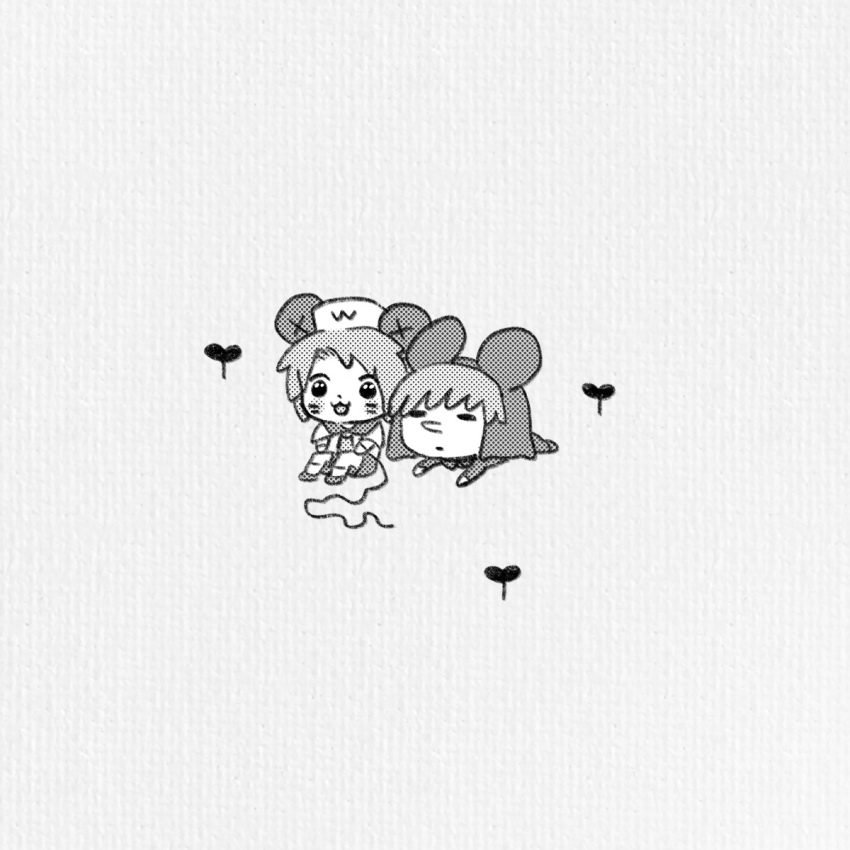 2boys, chibi, commentary_request, facial_mark, grey_background, greyscale, hat, highres, kinder_surprised_michael_jr., male_focus, monochrome, mouse_boy, mouse_hat, mouse_tail, multiple_boys, randal's_friends, ratman_5_(randal's_friends), sailor, sailor_hat, shieriru, short_hair, sitting, sprout, tail, whisker_markings