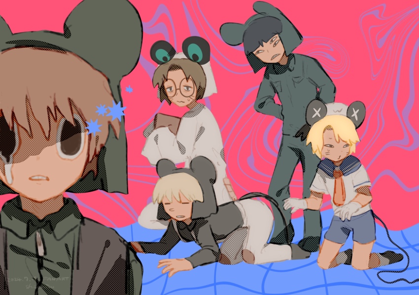 5boys, blonde_hair, brown_hair, coat, commentary_request, crawling, facial_mark, green_jacket, hat, highres, jacket, kinder_surprised_michael_jr., looking_at_viewer, male_focus, military_uniform, mouse_boy, mouse_hat, mouse_tail, multiple_boys, parted_lips, pink_background, present_day_problem_takeuchi_robert, randal's_friends, ratman_3_(randal's_friends), ratman_4_(randal's_friends), ratman_5_(randal's_friends), sailor, sailor_hat, shieriru, short_hair, suspenders, tail, teardrop, vest, whisker_markings