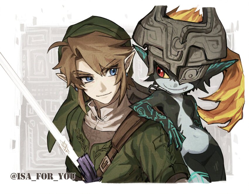 1boy, 1girl, absurdres, blonde_hair, blue_eyes, colored_sclera, colored_skin, earrings, fang, green_hat, green_tunic, hat, helmet, highres, isa-415810, jewelry, layered_clothes, leaning_on_person, link, long_hair, master_sword, midna, multicolored_skin, navel, nintendo, one_eye_covered, orange_hair, phrygian_cap, pointy_ears, red_eyes, shoulder_belt, sidelocks, smile, the_legend_of_zelda, the_legend_of_zelda:_twilight_princess, tunic, two-tone_skin, yellow_sclera