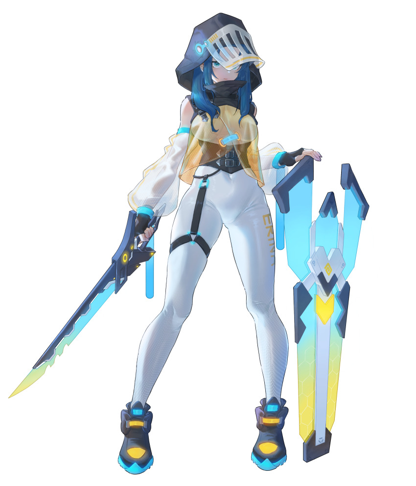 1girl, absurdres, blue_eyes, blue_hair, bodysuit, boots, box_galaxy, breasts