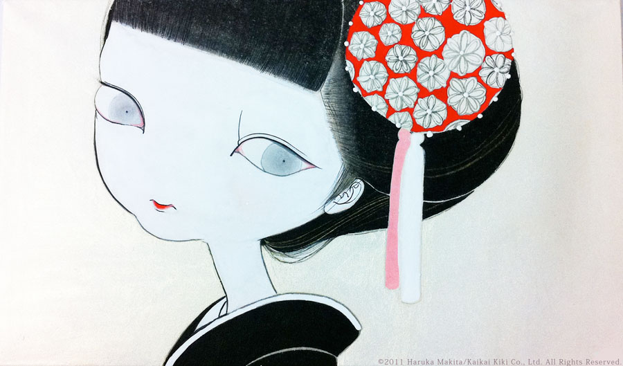 1girl, beige_background, black_hair, blue_eyes, blunt_bangs, female_focus, grey_background, hair_ornament, hairpin, looking_at_viewer, makita_haruka, original, simple_background, solo, tassel, traditional_clothes, upper_body