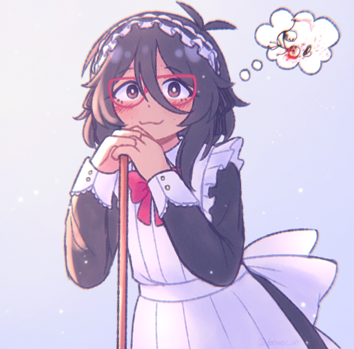 1girl, :3, alternate_costume, antenna_hair, apron, back_bow, black_dress, black_hair