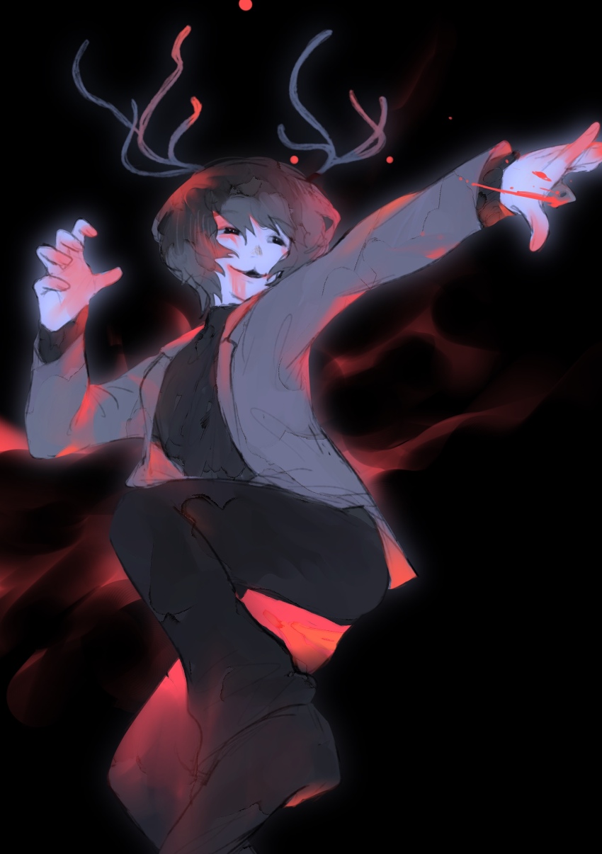 1boy, :3, absurdres, antlers, black_background, black_eyes, blood, blood_on_clothes