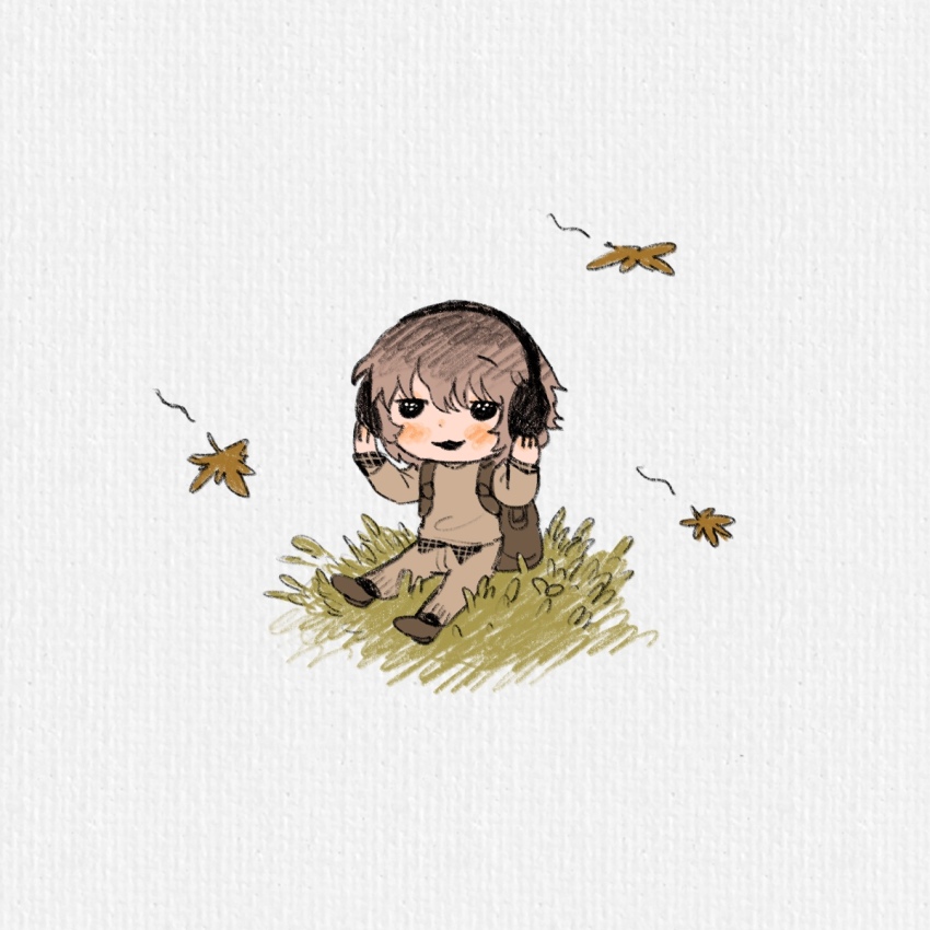 1boy, autumn_leaves, backpack, bag, black_eyes, brown_hair, brown_sweater, chibi, commentary_request, earmuffs, falling_leaves, grey_background, highres, hitchhiker_a_(randal's_friends), leaf, male_focus, randal's_friends, shieriru, short_hair, sitting, solo, sweater, wind