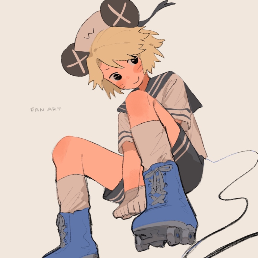 1boy, between_legs, black_eyes, blonde_hair, commentary_request, facial_mark, hand_between_legs, hat, highres, kinder_surprised_michael_jr., looking_at_viewer, male_focus, mouse_boy, mouse_hat, mouse_tail, randal's_friends, roller_skates, sailor, sailor_hat, shieriru, short_hair, shorts, simple_background, sitting, skates, solo, tail, whisker_markings