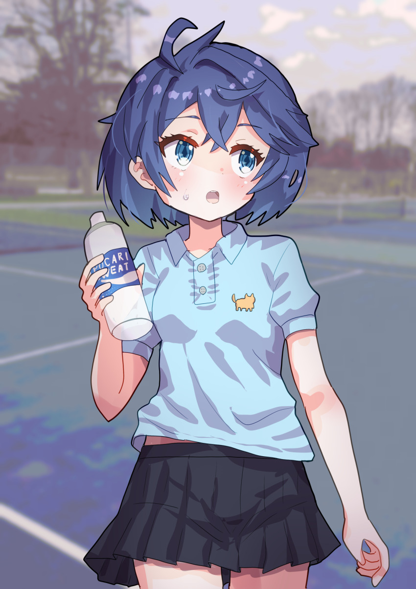 1girl, ahoge, black_skirt, blue_eyes, blue_hair, blue_shirt, bottle, breasts