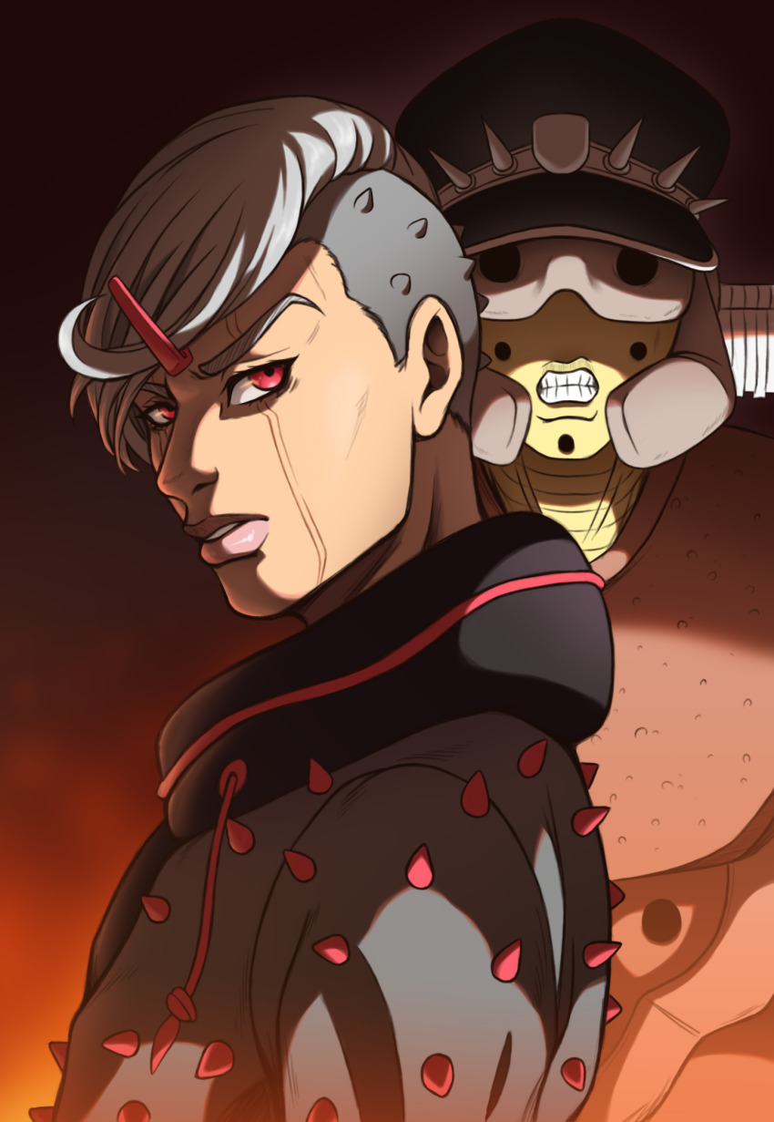 1boy, 1other, black_hood, clenched_teeth, commentary, commentary_request, grey_hair, grey_hoodie, hair_ornament, hairclip, hat, higashikata_jobin, highres, hood, hood_down, hoodie, jojo_no_kimyou_na_bouken, jojolion, kristallion, looking_at_viewer, male_focus, military_hat, pink_lips, red_eyes, scar, scar_on_face, speed_king, spiked_clothes, spiked_hair, spiked_jacket, stand_(jojo), swept_bangs, teeth, undercut