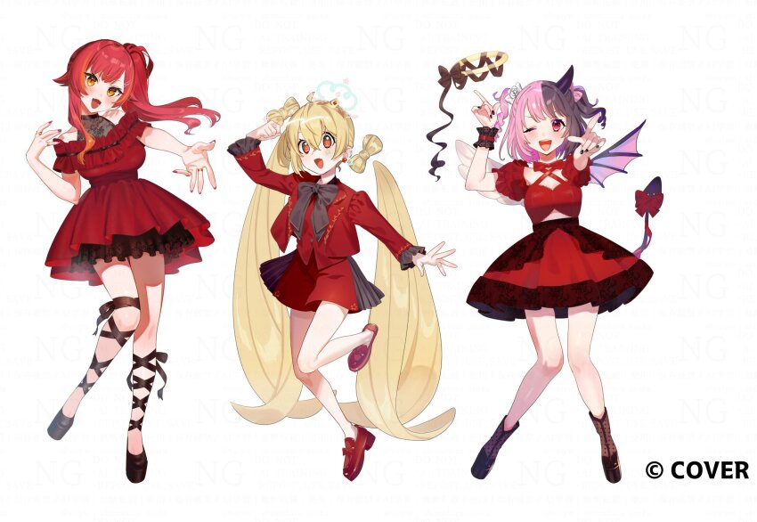 3girls, :d, ;d, ahoge, amaki_pururu, angel_wings, asymmetrical_wings, black_boots, black_hair, black_horns, black_nails, black_shoes, blonde_hair, boots, bow, bowtie, brown_bow, brown_bowtie, commentary_request, copyright_notice, criss-cross_halter, crossed_bangs, demon_tail, demon_wings, naturally_detached_hair, dress, earrings, frilled_dress, frills, full_body, gold_tiara, hair_between_eyes, hair_bow, hair_ornament, hairclip, halo, halterneck, hand_up, highres, horns, jacket, jewelry, lapels, layered_dress, loafers, long_hair, looking_at_viewer, mismatched_wings, multicolored_hair, multiple_girls, nekota_tsuna, notched_lapels, off-shoulder_dress, off_shoulder, official_art, one_eye_closed, open_hand, open_mouth, orange_eyes, orange_hair, pink_bow, pink_hair, pink_nails, platform_boots, pointing, pointing_at_viewer, puffy_short_sleeves, puffy_sleeves, reaching, reaching_towards_viewer, red_bow, red_bowtie, red_dress, red_eyes, red_hair, red_jacket, red_shoes, red_skirt, red_vest, reject_(esports), shoes, short_dress, short_sleeves, side_ponytail, simple_background, single_horn, single_sidelock, skirt, smile, split-color_hair, star-shaped_pupils, star_(symbol), streaked_hair, symbol-shaped_pupils, tail, thigh_strap, tilted_headwear, tooko_(vtuber), twintails, two-tone_hair, uneven_twintails, very_long_hair, vest, virtual_youtuber, vspo!, white_background, white_wings, wings, yokujitsu