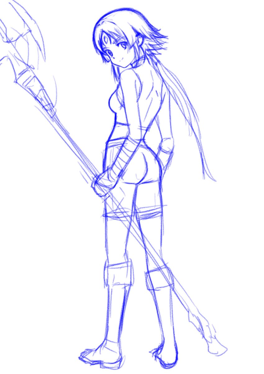 1girl, boots, forehead_jewel, highres, holding, holding_polearm, holding_weapon, luicelia_superdia