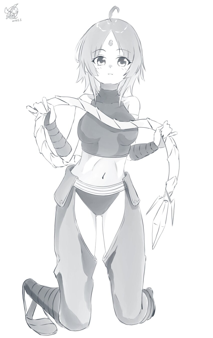 1girl, absurdres, ahoge, bone_tail, clothing_cutout, clothing_request, forehead_jewel, highres