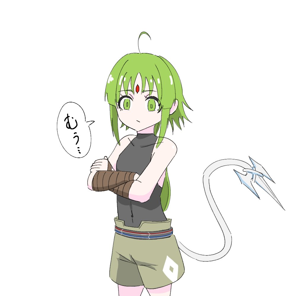 1girl, ahoge, arm_wrap, bone_tail, closed_mouth, forehead_jewel, green_eyes, green_hair