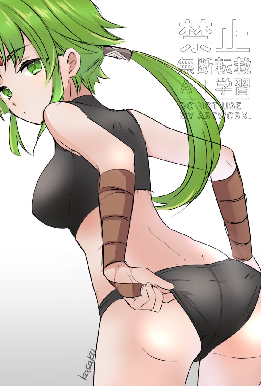 arm_wrap, ass, closed_mouth, forehead_jewel, green_eyes, green_hair, hair_tie, highres