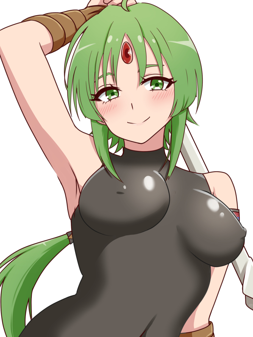 ahoge, arm_wrap, blush, commentary, covered_erect_nipples, forehead_jewel, green_eyes, green_hair