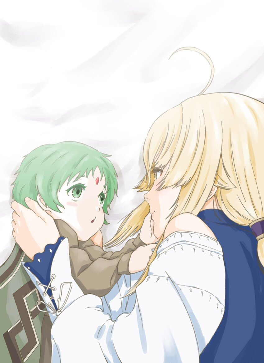 ahoge, blonde_hair, forehead_jewel, green_eyes, green_hair, hair_tie, highres, long_sleeves