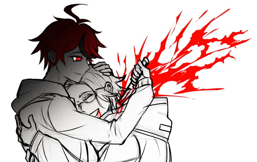 2boys, ahoge, aotsuki_eito, black_hair, bleeding, blood, blood_from_mouth, blood_splatter, closed_eyes, closed_mouth, eyebrows, glasses, highres, hood, hoodie, hug, limited_palette, male_focus, messy_hair, multiple_boys, red_eyes, red_hair, smile, stab, sumino_takumi, takumi-g_(hundred_line), the_hundred_line_-last_defense_academy-, upper_body, white_background