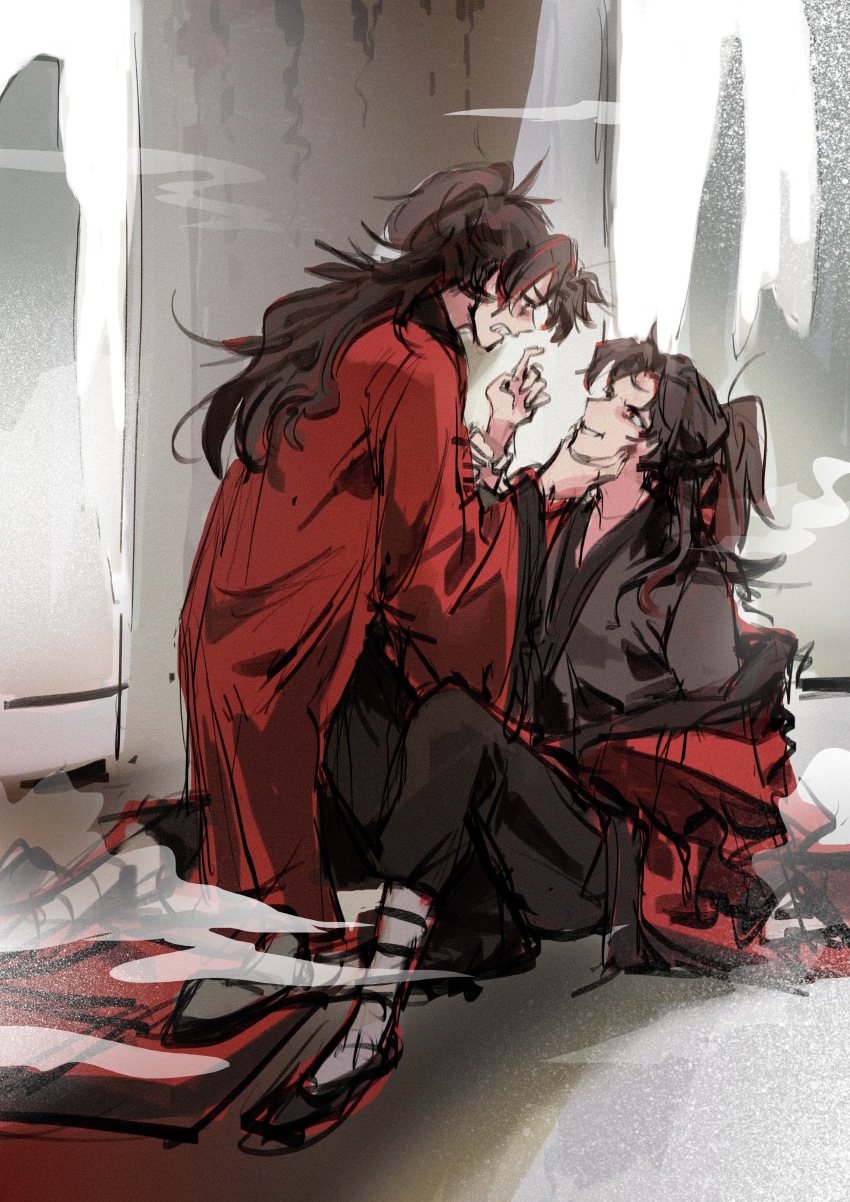 2boys, absurdres, bandaged_leg, bandages, black_hair, black_hanfu, black_pants, black_shoes