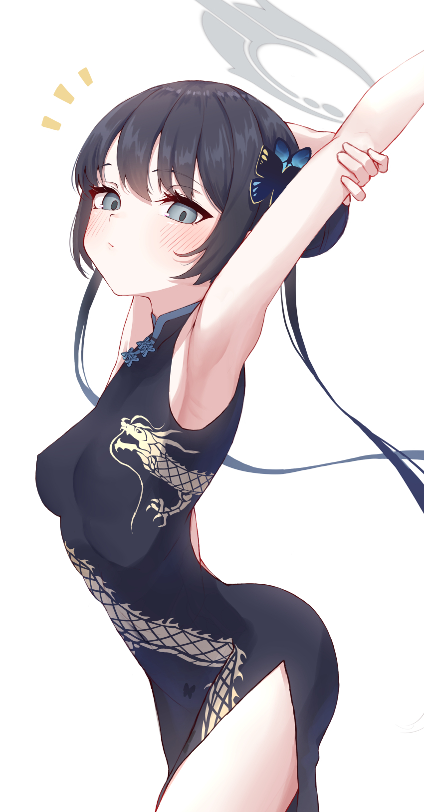 1girl, absurdres, armpit_focus, armpits, black_dress, black_hair, blue_archive, butterfly_hair_ornament
