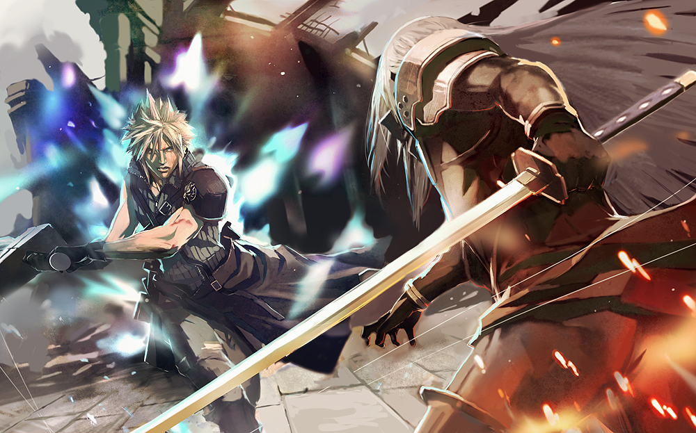 1990s_(style), 2boys, blood, city, cloud_strife, final_fantasy, final_fantasy_vii, longai