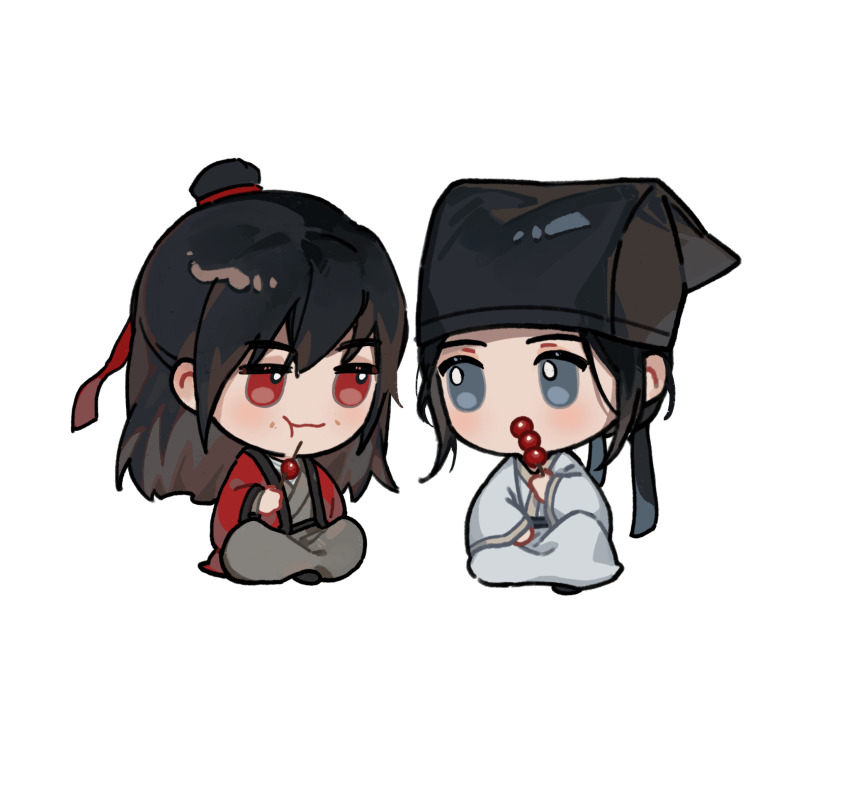 1815983628, 2boys, :t, black_hair, black_hanfu, black_hat, black_shoes, blue_eyes