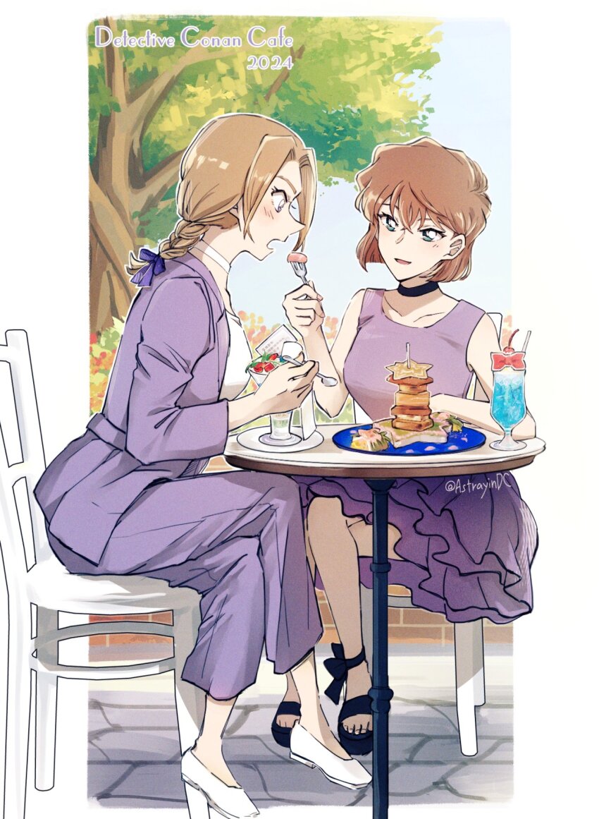 2024, 2girls, arm_on_table, astrayin, black_choker, black_shoes, blue_eyes, blush, border, braid, braided_ponytail, brown_hair, chair, choker, collarbone, copyright_name, crossed_arms, dress, food, fork, full_body, highres, holding, holding_fork, holding_spoon, jacket, long_sleeves, looking_at_food, low_ponytail, medium_hair, meitantei_conan, meitantei_conan_kurogane_no_submarine, miyano_shiho, multiple_girls, naomi_argento, on_chair, open_mouth, outdoors, pants, ponytail, purple_dress, purple_jacket, purple_pants, shirt, shoes, short_hair, sitting, sleeveless, sleeveless_dress, spoon, twitter_username, white_border, white_choker, white_shirt, white_shoes, yuri