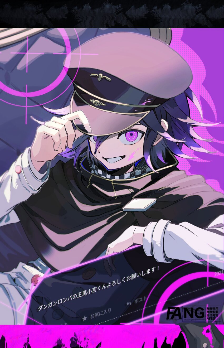 1boy, adjusting_clothes, adjusting_headwear, black_cape, black_hat, blood, buttons, cape