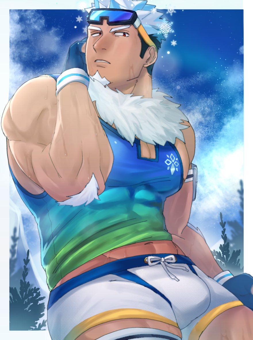 1boy, bara, body_fur, bulge, character_request, cowboy_shot, goggles, goggles_on_head