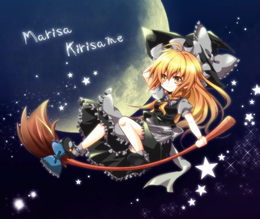 1girl, blonde_hair, bow, braid, broom, character_name, female_focus, full_moon