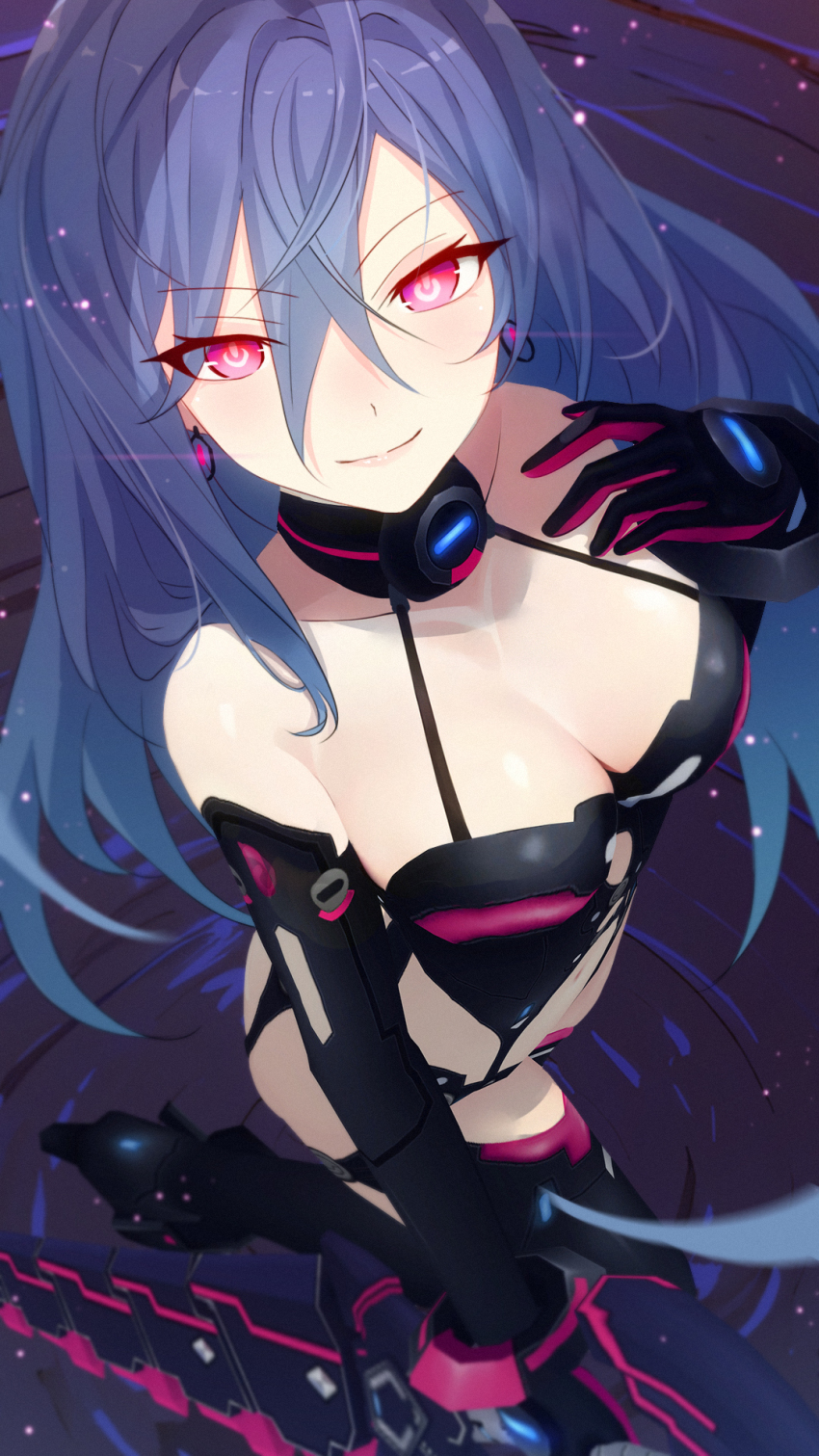 1girl, bare_shoulders, blue_hair, breasts, cleavage, closed_mouth, earrings, garry's_mod_(medium), hair_between_eyes, highres, holding, holding_sword, holding_weapon, iris_heart_(neptunia), jewelry, large_breasts, long_hair, looking_at_viewer, neptune_(series), photoshop_(medium), power_symbol-shaped_pupils, red_eyes, sculp2, seductive_smile, smile, solo, sword, symbol-shaped_pupils, weapon