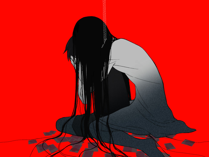 1boy, 1girl, aeanne, brother_and_sister, commentary, covering_face, dress, english_commentary, film_grain, from_behind, full_body, greyscale_with_colored_background, highres, hug, hug_from_behind, kneehighs, long_hair, mari_(faraway)_(omori), mari_(omori), medium_dress, no_shoes, noose, omori, photo_(object), red_background, siblings, simple_background, sitting, socks, spoilers, sunny_(omori), very_long_hair, wariza