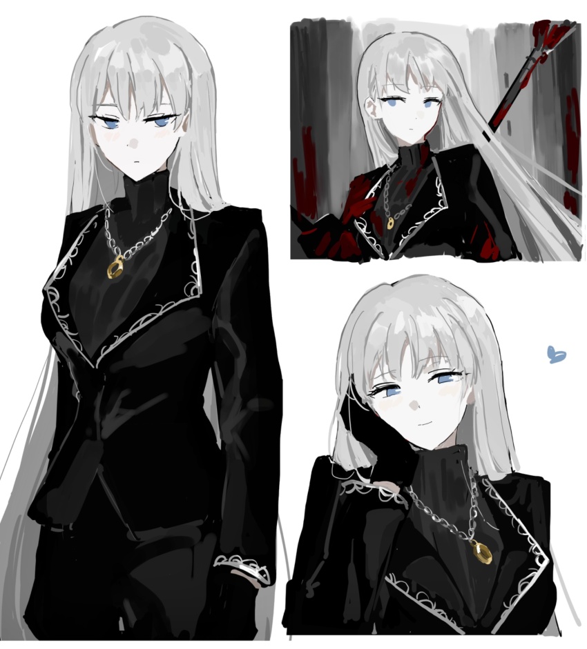1girl, angelica_(project_moon), black_jacket, black_sweater, blood, blood_on_clothes, closed_mouth, highres, jacket, jewelry, library_of_ruina, long_hair, looking_at_viewer, necklace, project_moon, rai_(r2718281), ring, ring_necklace, silver_trim, smile, sweater, turtleneck, turtleneck_sweater, very_long_hair, white_background, white_hair