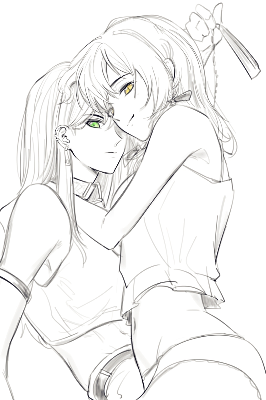 2girls, absurdres, bang_dream!, bang_dream!_it's_mygo!!!!!, camisole, chinese_commentary, closed_mouth, commentary_request, crop_top, detached_sleeves, earrings, green_eyes, hero45439083942, highres, jewelry, leash, medium_hair, multiple_girls, original, panties, simple_background, spot_color, togawa_hazuki, underwear, white_background, yahata_riko, yellow_eyes, yuri