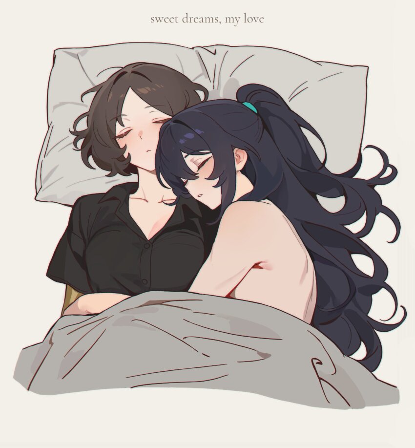 1boy, 1girl, black_hair, black_shirt, blanket, breasts, brown_hair, cleavage