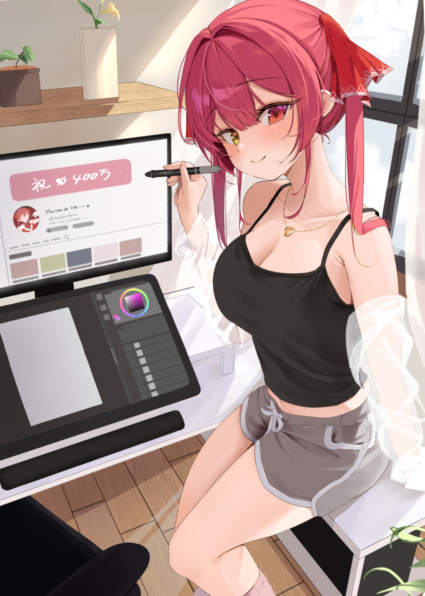 1girl, absurdres, armpit_crease, black_camisole, breasts, camisole, chair, cleavage