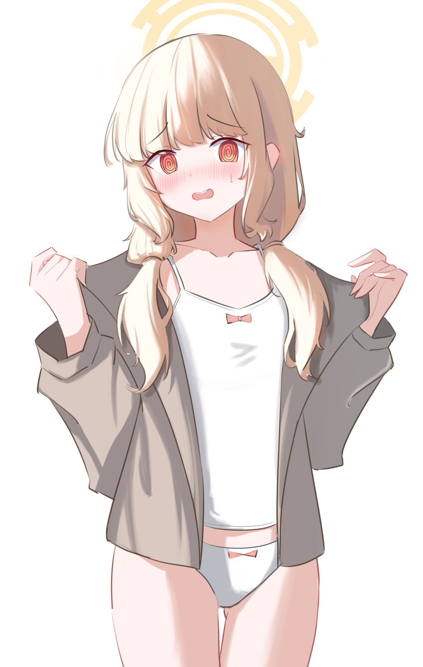 1girl, @_@, absurdres, alternate_costume, aoba_(blue_archive), asagizu, blonde_hair, blue_archive, blush, brown_jacket, collarbone, commentary, halo, highres, jacket, loli, long_hair, looking_at_viewer, open_mouth, panties, simple_background, solo, thighs, undershirt, underwear, white_background, white_panties, yellow_halo