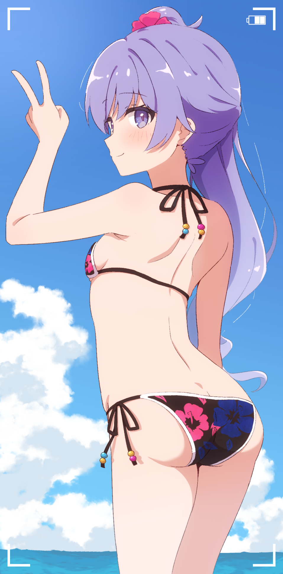 1girl, ass, bare_shoulders, bikini, blue_sky, blush, breasts, butt_crack, cloud, cloudy_sky, day, hair_ornament, hair_scrunchie, highres, horizon, long_hair, looking_at_viewer, looking_back, nemsist, ocean, ongeki, outdoors, ponytail, purple_eyes, purple_hair, scrunchie, sky, small_breasts, smile, solo, string_bikini, swimsuit, takase_rio, takase_rio_(swimsuit), v, viewfinder