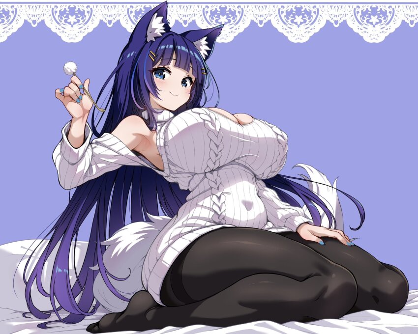 1girl, animal_ear_fluff, animal_ears, armpits, bare_shoulders, blue_eyes, blue_hair, blunt_bangs