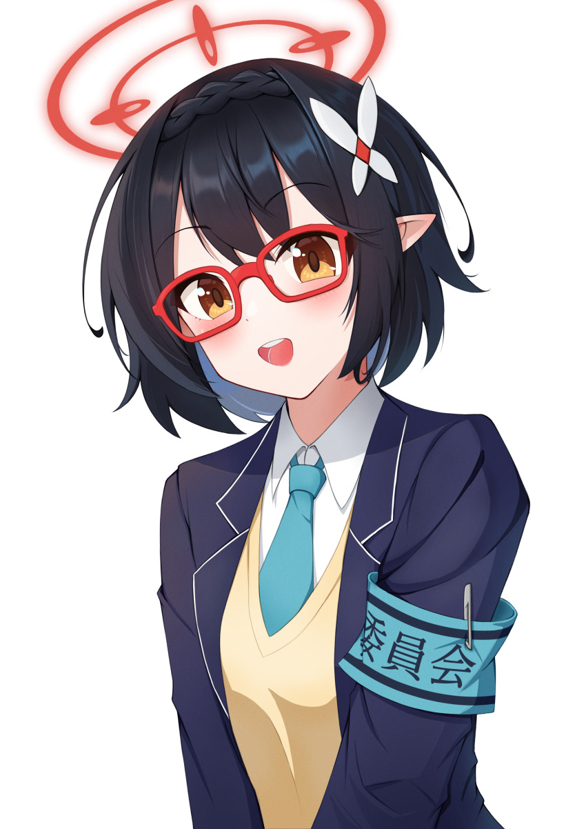 1girl, :d, absurdres, aqua_armband, aqua_necktie, armband, asagizu, ayane_(blue_archive), black_hair, blazer, blue_archive, braid, brown_eyes, collared_shirt, commentary, crown_braid, flower, glasses, hair_between_eyes, hair_flower, hair_ornament, halo, head_tilt, highres, jacket, looking_at_viewer, medium_hair, necktie, open_clothes, open_jacket, open_mouth, pointy_ears, purple_jacket, raised_eyebrows, red-framed_eyewear, red_halo, shirt, sidelocks, smile, solo, sweater, teeth, upper_body, upper_teeth_only, white_background, white_flower, white_shirt, yellow_sweater