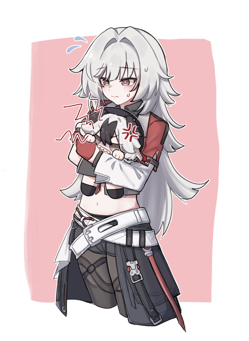 2girls, anger_vein, belt, black_gloves, black_hair, black_pantyhose, blush, breasts, character_doll, chibi, closed_mouth, coralie_6626_planck, crop_top, cropped_legs, doll, erdos_helia, fingerless_gloves, gloves, grey_hair, hair_intakes, highres, holding, honkai_(series), honkai_impact_3rd, jacket, komi_(mayu_eo22), long_hair, long_sleeves, midriff, multiple_girls, navel, pantyhose, pink_eyes, red_eyes, red_gloves, shirt, shorts, solo, standing, stuffed_toy, very_long_hair, white_hair