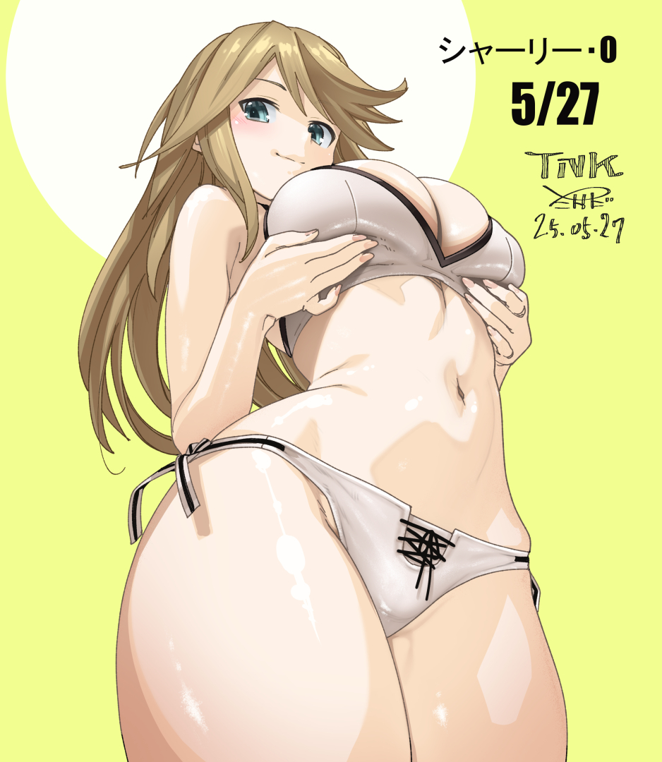 1girl, alice_gear_aegis, armpits, bikini, blonde_hair, blush, breast_lift, breasts