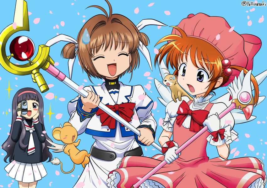 3girls, absurdres, antenna_hair, black_hair, blush, bow, brown_hair, cardcaptor_sakura