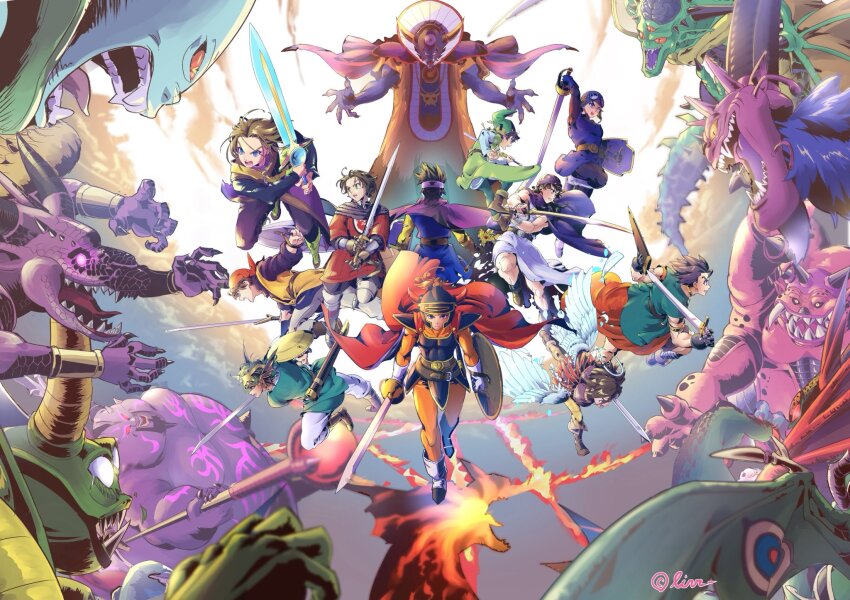 6+boys, aiming, ancestor_and_descendant, angel, angel_wings, anniversary, aqua_eyes, aqua_robe