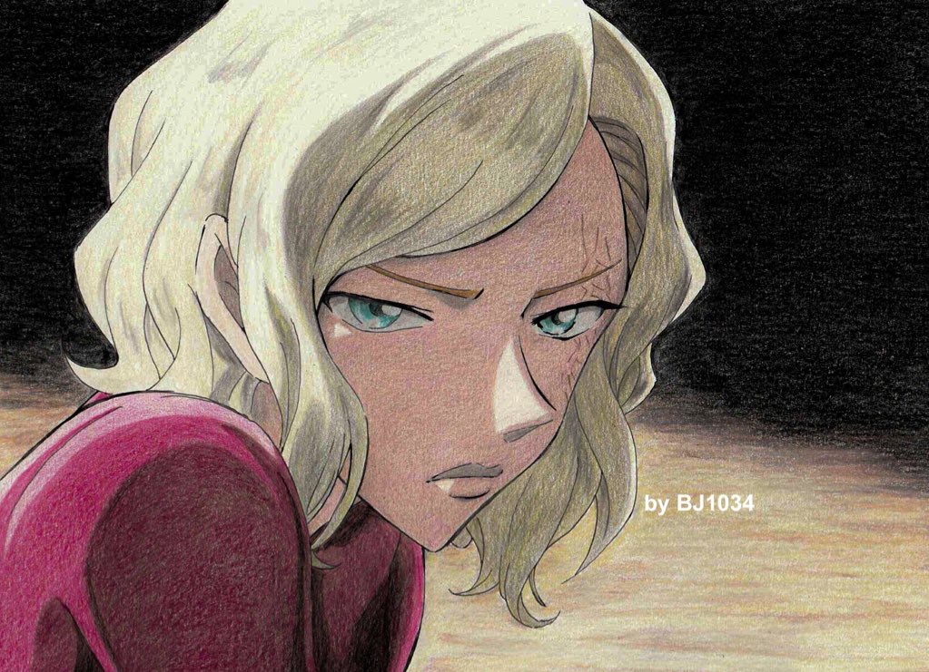 1girl, artist_name, asymmetrical_hair, bj1034_(tosashi), blonde_hair, blue_eyes, burn_scar, closed_mouth, colored_pencil_(medium), dark, from_side, jacket, long_hair, looking_at_viewer, meitantei_conan, portrait, red_jacket, sad, scar, short_hair, solo, traditional_media, two-tone_background, very_long_hair, yelenika_lavrentyeva