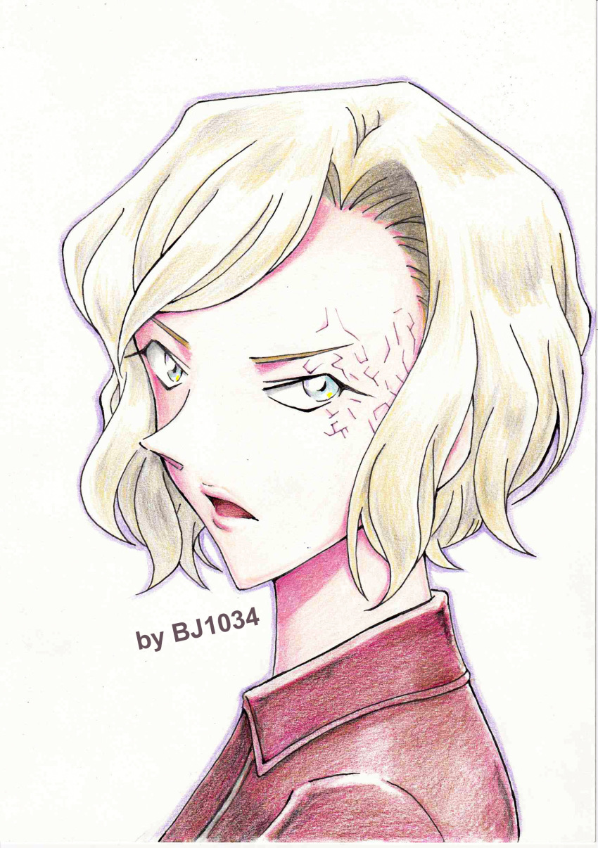 1girl, absurdres, artist_name, asymmetrical_hair, bj1034_(tosashi), blonde_hair, blue_eyes, burn_scar, collared_jacket, colored_pencil_(medium), facing_to_the_side, from_side, glaring, highres, jacket, looking_at_viewer, looking_to_the_side, meitantei_conan, open_mouth, portrait, red_jacket, scar, short_hair, simple_background, solo, traditional_media, white_background, yelenika_lavrentyeva