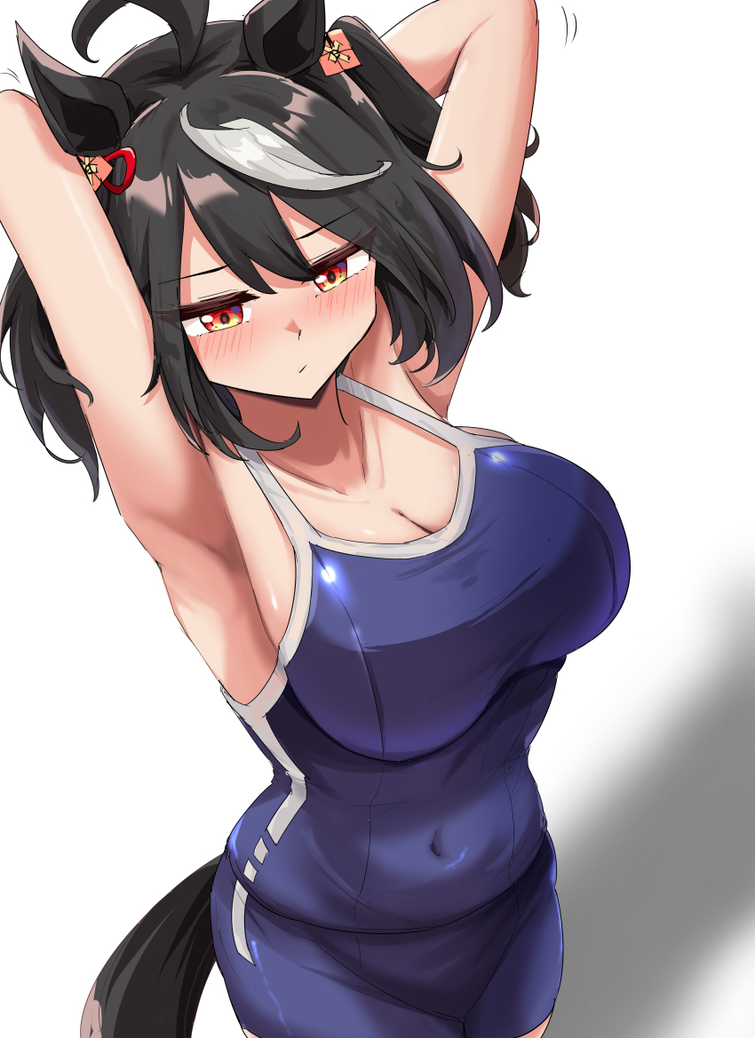 1girl, absurdres, animal_ears, armpits, arms_behind_head, black_hair, blue_one-piece_swimsuit, blush, breasts, closed_mouth, collarbone, commentary_request, gryebooks, highres, horse_ears, horse_girl, horse_tail, kitasan_black_(umamusume), large_breasts, multicolored_hair, one-piece_swimsuit, red_eyes, shadow, simple_background, solo, streaked_hair, swimsuit, tail, tracen_swimsuit, two-tone_hair, umamusume, white_background, white_hair