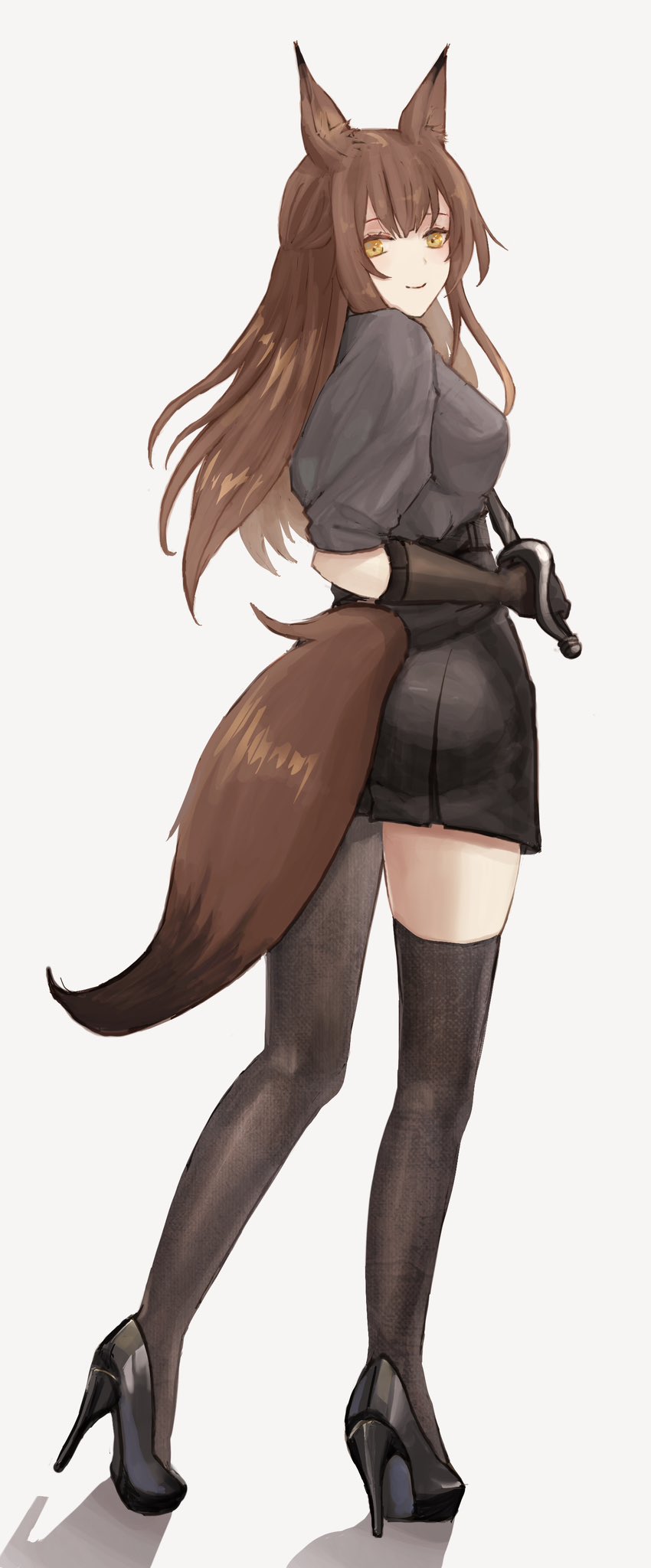 1girl, animal_ear_fluff, animal_ears, arknights, ass, asymmetrical_legwear, black_shoes, black_skirt, black_thighhighs, breasts, brown_hair, closed_mouth, fox_ears, fox_girl, fox_tail, franka_(arknights), from_behind, full_body, grey_shirt, high-waist_skirt, high_heels, highres, holding, holding_sword, holding_weapon, large_breasts, long_hair, looking_at_viewer, looking_back, miniskirt, pencil_skirt, piroropepon, shirt, shoes, simple_background, skirt, smile, solo, standing, sword, tail, thighhighs, uneven_legwear, weapon, white_background, yellow_eyes