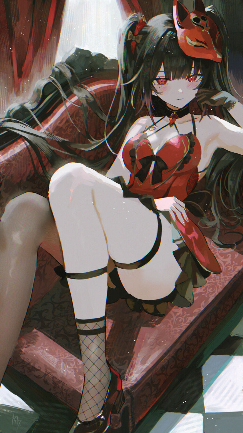 1girl, absurdres, armpits, black_gloves, black_hair, blush, breasts, butterfly-shaped_pupils, closed_mouth, commentary_request, couch, dress, fishnet_socks, fishnets, fox_mask, gloves, hair_spread_out, hand_up, heart, heart_tattoo, highres, honkai:_star_rail, honkai_(series), honkai_impact_3rd, long_hair, looking_at_viewer, mark_under_eye, mask, mask_on_head, medium_breasts, nanjo_maya, on_couch, reclining, red_dress, red_eyes, signature, single_glove, smile, socks, solo, sparkle_(fictitious_game)_(honkai:_star_rail), sparkle_(honkai:_star_rail), symbol-shaped_pupils, tattoo, thighs, twintails