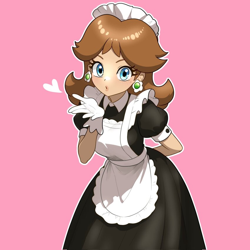 1girl, alternate_costume, apron, arm_behind_back, blowing_kiss, blue_eyes, breasts, brown_hair