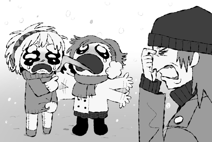 1boy, 2girls, aigis_(persona), aragaki_shinjirou, beanie, buttons, chibi, clenched_teeth