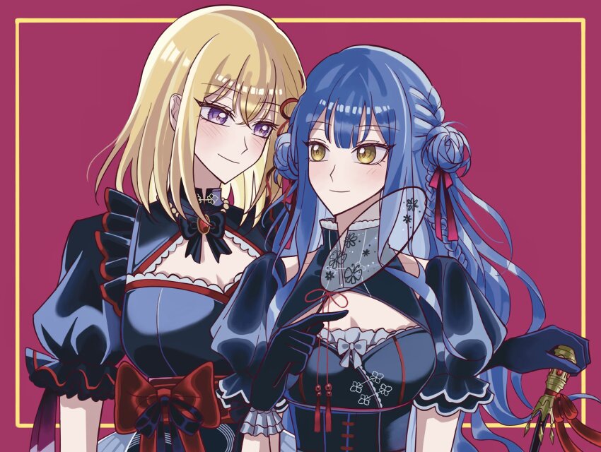 200bpmsoiya, 2girls, bang_dream!, bang_dream!_it's_mygo!!!!!, black_bow, black_bowtie, black_dress, black_gloves, blonde_hair, blue_hair, blunt_bangs, bow, bowtie, braid, breasts, brooch, cleavage, cleavage_cutout, clothing_cutout, collar, collarbone, collared_dress, commentary, crossed_bangs, double_bun, dress, frilled_collar, frilled_dress, frilled_gloves, frilled_sleeves, frills, gloves, grey_bow, hair_between_eyes, hair_bow, hair_bun, hair_ribbon, hand_fan, high_collar, highres, holding, holding_fan, holding_scepter, idol, jewelry, long_hair, looking_at_another, medium_hair, misumi_uika, multiple_girls, outside_border, pink_background, pink_bow, puffy_short_sleeves, puffy_sleeves, red_bow, red_ribbon, ribbon, scepter, short_sleeves, side_braids, togawa_sakiko, tuanshan, twin_braids, upper_body, very_long_hair, waist_bow, wavy_hair